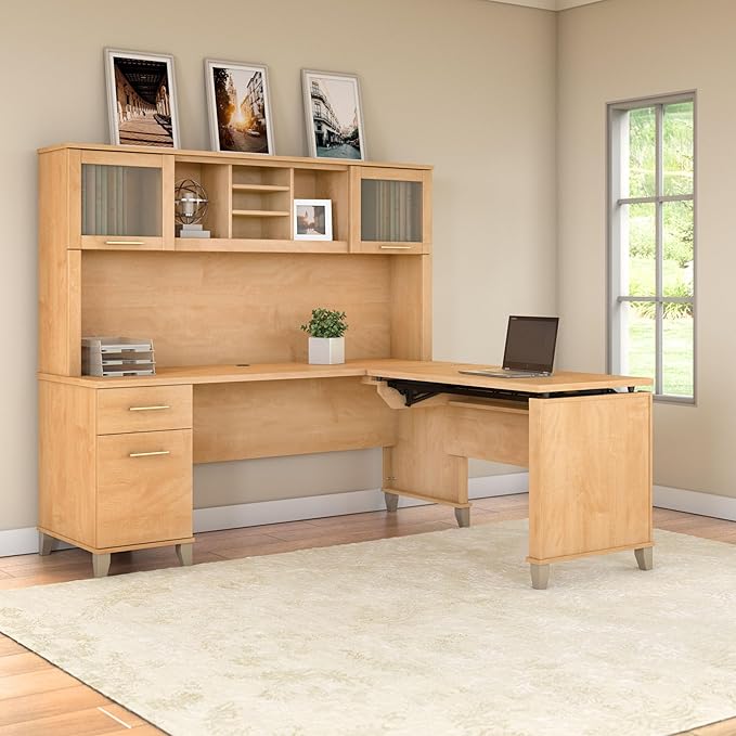 Bush Furniture Somerset 72W 3 Position Sit to Stand L Shaped Desk with Hutch in Maple Cross | Adjustable Height Table for Office
