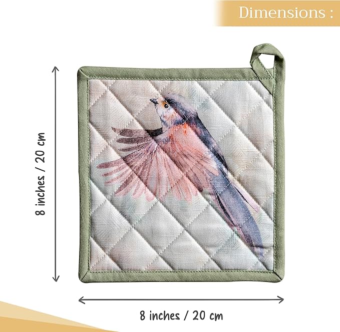 Maison d' Hermine Pot Holders Set 100% Cotton Heat Resistant Potholders 8" x 8" Hot Pads with Loop BBQ, Cooking, Baking, Grilling, Kitchen, Handling Hot Pans Spring/Summer (Pack of 2, Flying Birds)