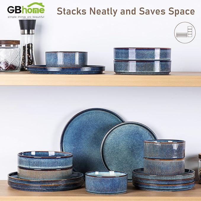 GBHOME Stoneware Dinnerware Sets for 4,Round Reactive Glaze Ceramic Plates and Bowls Set,Highly Scratch Resistant | Dishwasher & Microwave Safe Dishes Set,Service for 4(12Pcs),Ceylon Blue