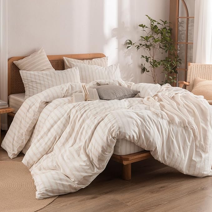 BESTOUCH Duvet Cover Set 100% Washed Cotton Linen Feel Super Soft Comfortable Chic Lightweight 3 PCs Home Bedding Set White & Almond Grey Stripes King