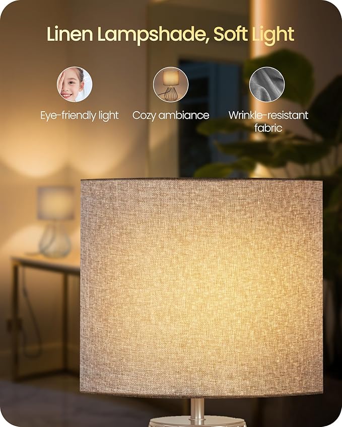 Small Table Lamp, Bedside Lamp with Grey Linen Lampshade & Silver Metal Base, Modern Nightstand Lamp, Little Cute Desk Lamp for Bedroom, Living Room, 2700K LED Bulb Included, SH06TL05