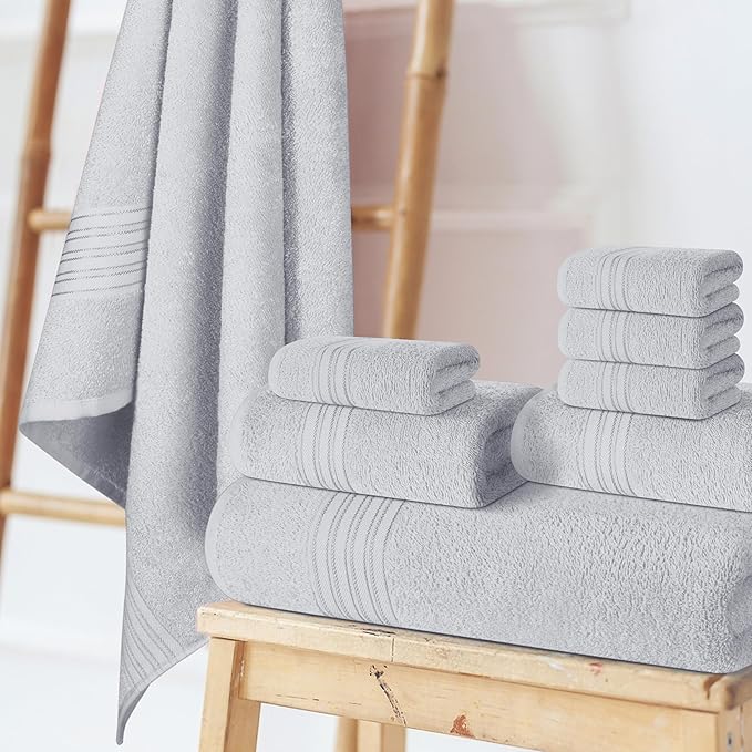 BOUTIQUO 100% Cotton Towel Set, Contains 4 Soft Bath Towel, 6 Hand Towels, 8 Wash Cloths - Compact Absorbent Lightweight & Quickdry Towels for Bathroom - 18 Piece Bathroom Towel Set - Light Grey