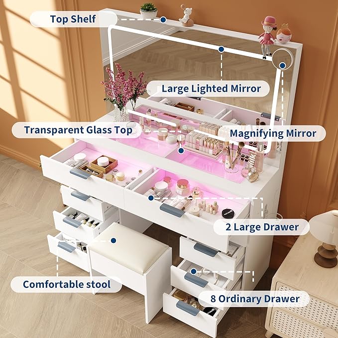Vanity Desk with Large Mirror and Lights, Makeup Vanity Desk Set with Power Outlet, Stool, 10 Drawers Storage, Magnifying Glass, Hairdryer Holder, 3 Lighting Color Adjustable for Bedroom (White)