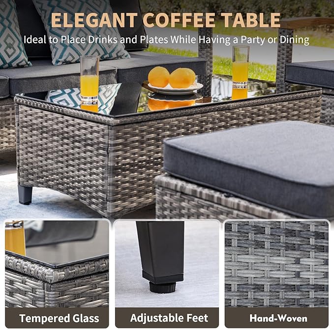 MEISSALIVVE Patio Furniture Sets, 7 Pieces Outdoor Rattan Furniture Conversation Sets with 2 Wood Armrests Swivel Rocker Chairs, 2 Ottoman, 3-Seat Sofa, 2-Seat Sofa and Coffee Table(Grey)