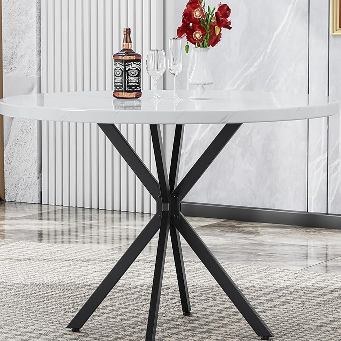 Round Dining Table, 39 Inch Modern Round Kitchen Table White Dining Table with Black X Base, Leisure Table for 4-5 People Small Space Dining Room, Apartment, Kitchen