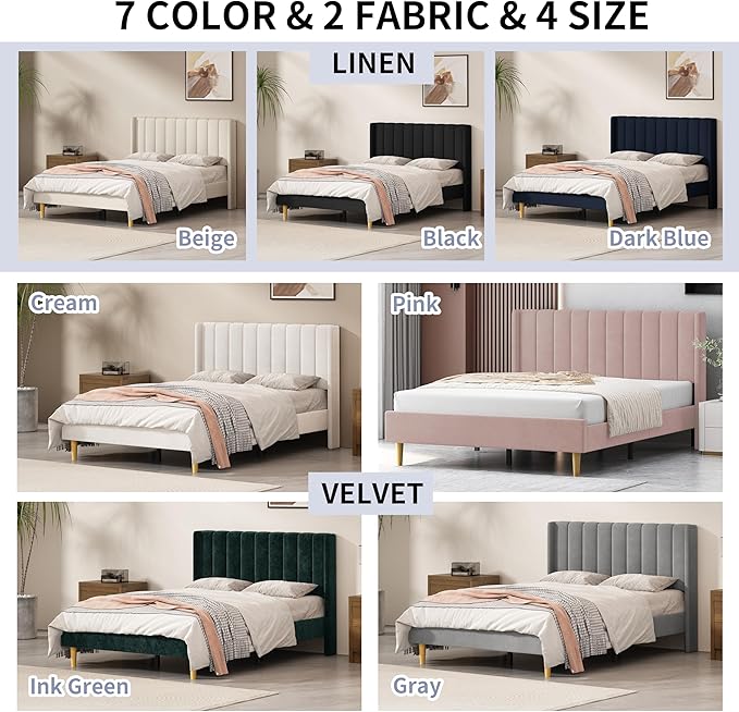 Twin Size Upholstered Platform Bed Frame with Modern Wingback & Vertical Panel Headboard, Linen Fabric, Wooden Legs & Slats Support, No Box Spring Needed, Noise-Free & Easy Assembly, Black