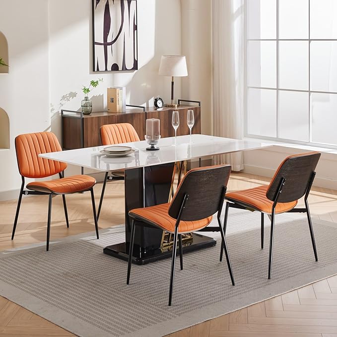 Dining Chairs Set of 2, Mid Century Modern Dining Room Chairs, Upholstered PU Leather Vertical Stripe Kitchen Chair with Walnut Bentwood and Metal Legs, Orange