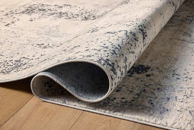 Loloi Teagan Collection TEA-07 Natural/Denim 6'-7" x 9'-2" Area Rug, Large, Soft Neutral Rug, High-Traffic for Living Room, Bedroom, Home Office, Dining Area