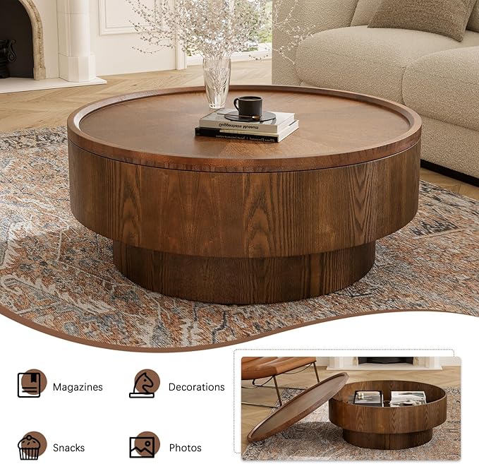 Round Coffee Table with Storage 30.7'' Modern Luxury Circle Drum Coffee Tables Farmhouse Rustic Wood Coffee Table Circle Pedestal Center Table for Living Room Apartment (Brown)