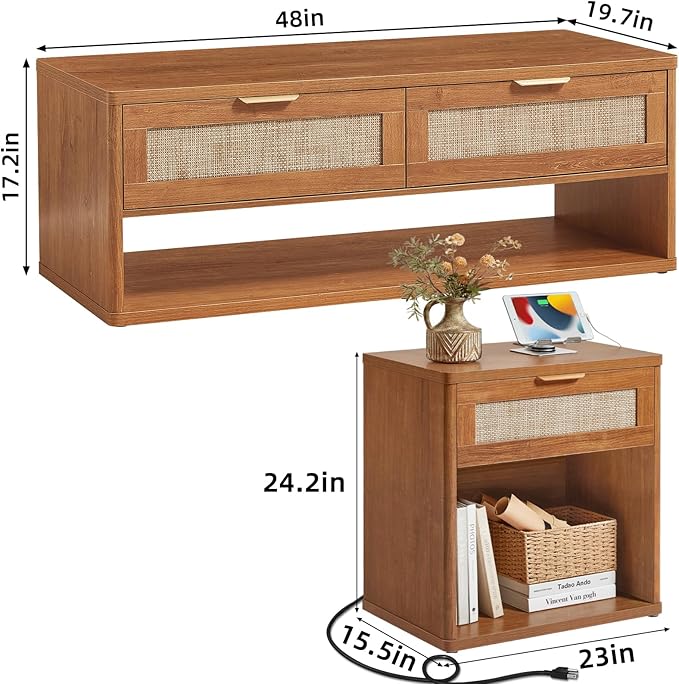 LEYAOYAO Boho Rattan Coffee Table Sets 3 Pieces, Nightstand with Charging Station and Coffee Table with Hidden Storage Compartment, Brown Living Room Table Set, Wood Furniture Sets for Home Office