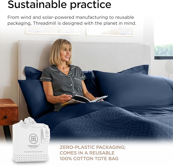 Threadmill 100% Cotton Sheets for Twin XL Size Bed - 600 Thread Count Twin XL Bed Sheets Set with 15” Deep Pocket - Sateen Weave 3-Piece Bedding Set with Cooling Effect, Folkstone Blue