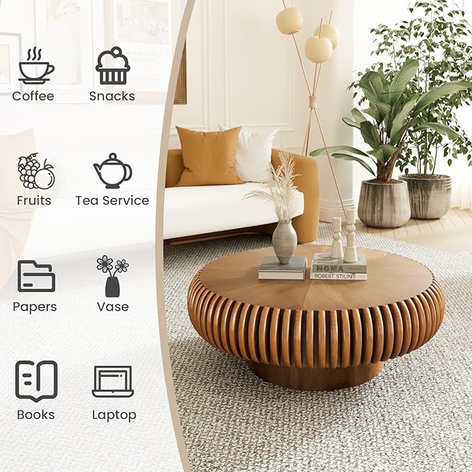 Round Fluted Coffee Table Modern Handcraft Drum Coffee Table with Sturdy Pedestal 31.5" Farmhouse Center Table Tea Table for Living Room, Reception Room, Entertainment Room (Brown 31.5")