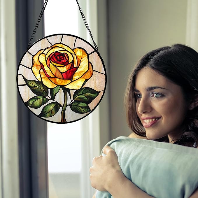 Stained Glass Window Hanging - Elegant Yellow Rose Flower Sun Catcher for Door Garden Home Decor Suncatcher Christmas Mother's Day Birthday Gifts for Women Mom Girl Nana Friend 6.3 in