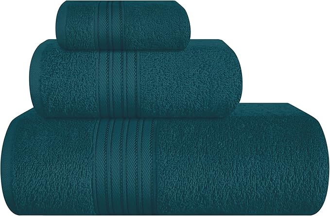 BOUTIQUO Ultra Soft 3 Pack Cotton Towel Set, Contains a Bath Towels 28x55 inch, a Hand Towels 16x24 inch & a Wash Coths 12x12 inch, Ideal Everyday use, Compact & Lightweight - Teal