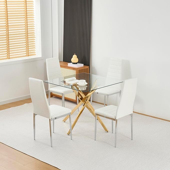 36" Square Glass Dining Table Modern Kitchen Glass Top Table for 4 with Gold Chrome Metal Legs, Clear Dining Table Kitchen Table for Home Office Dining Room
