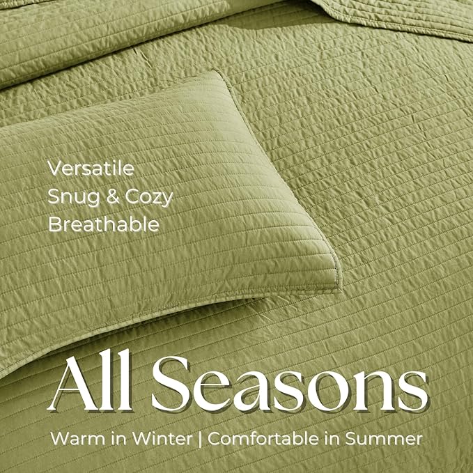 DOWN HOME Twin Quilt Bedding Set with Sham, Vintage Washed Soft Quilted Blanket Thin Comforter Lightweight Bedspread Coverlet Bed Cover, Brushed Microfiber Stripe Stitching, Golden Olive, 66"x92"