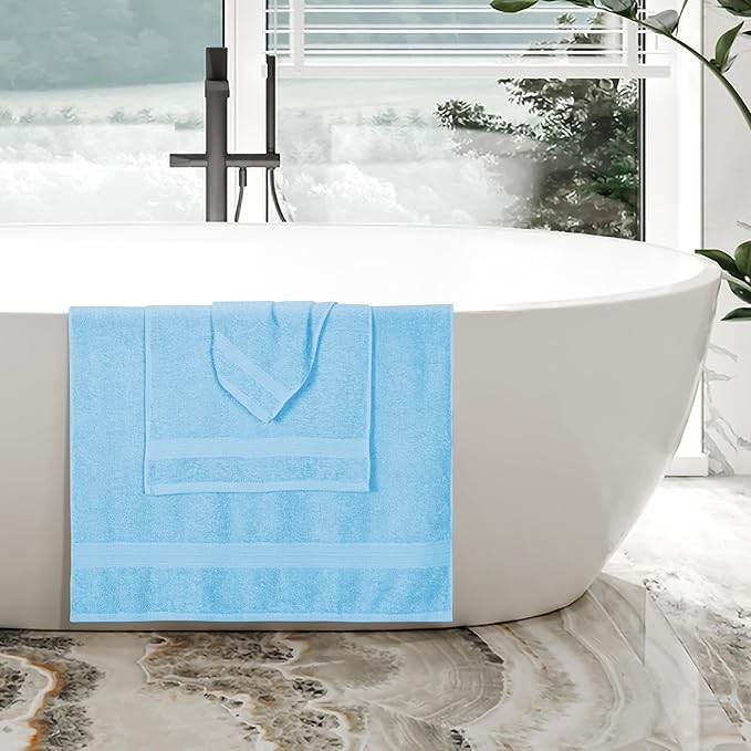BOUTIQUO Ultra Soft 3 Pack Cotton Towel Set, Contains a Bath Towels 27x54 inch, a Hand Towels 16x24 inch & a Wash Coths 12x12 inch, Ideal Everyday use, Compact & Lightweight - Sky Blue