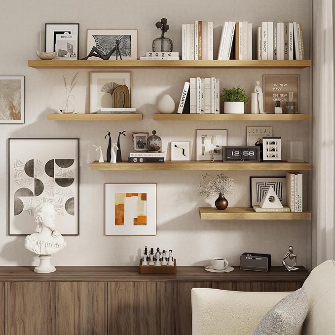 Floating Shelves for Wall, 22.5"W x 8"D Wall Shelf, Rustic Wood Floating Shelf 22.5 Inch Long, Bathroom Shelves Set of 2, 8 Inch Deep Floating Shelves for Living Room, Bedroom, Kitchen, Oak Color