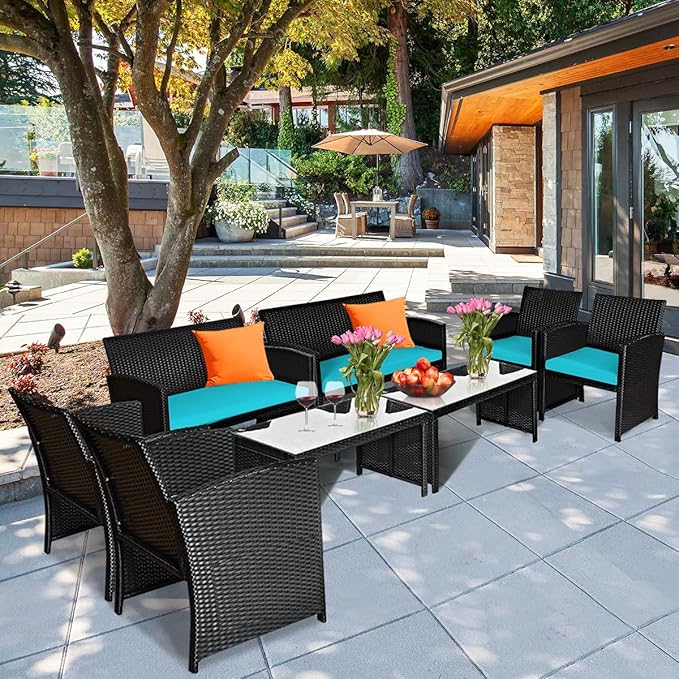 Tangkula 4 Pieces Patio Wicker Conversation Furniture Set, Patiojoy Sofa & Table Set w/4 Seats, Outdoor Rattan Sofa Set for Balcony Backyard, Wicker Chair Set with Tempered Glass Coffee Table