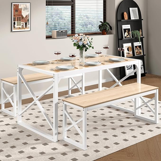 VECELO Kitchen Dining Table Benches Set for 4, 55" Wooden Dinette with 2 Benches, Heavy-Duty Dining Room Table for Small Space, Breakfast Nook, Natural Oak