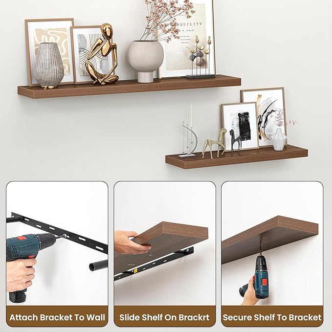 Heimlove 36 Inch Floating Shelves for Wall,Mounted Storage & Display Shelves for Bedroom,Living Room,Kitchen,Office,Set of 2,Walnut Color