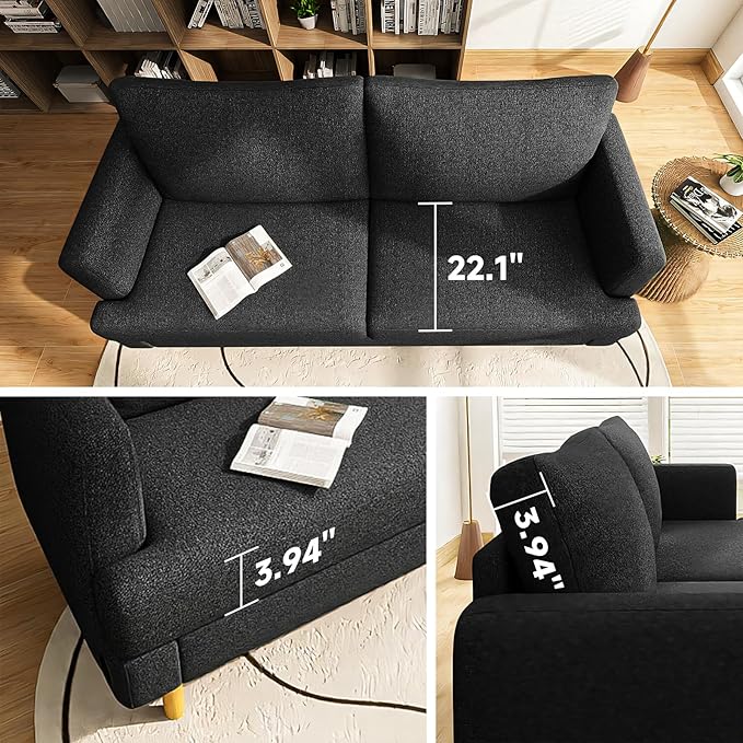 Loveseat Sofa Couch for Living Room with USB Type C Ports – Upholstered 70" Small Couches for Bedroom, Office or Apartment–Modern 2-Seater Deep Seating with Soft Cushions & Sturdy Frame, Black