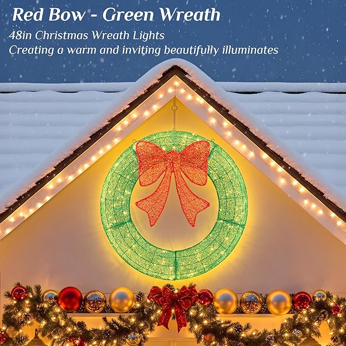 Sweetcrispy Pre-Lit Christmas Wreath, LED Lighted Holiday Outdoor Decoration with Bow for Door, Mantel, Wall, Windows, Front Door Decor, 47.5in Green Wreath - Red Bow