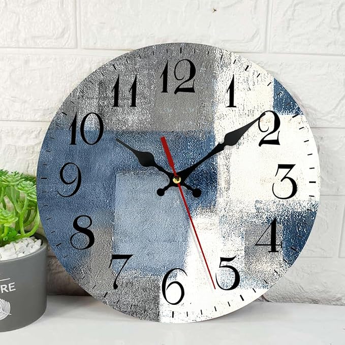 ArtSocket Wooden Wall Clock Silent Non-Ticking, Blue White Grey Abstract Painting Gray Vintage Round Wall Clocks Decor for Home Kitchen Living Room Office, Battery Operated(12 Inch)