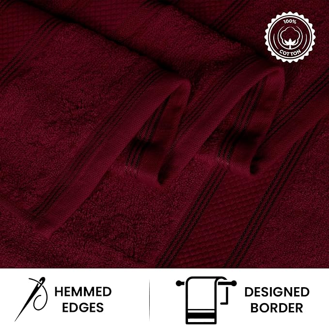 Casa Lino Bath Towel Set of 8 (2 Bath Towels, 4 Wash Cloths & 2 Hand Towels for Bathroom) - 100% Cotton - Highly Absorbent & Quick Dry - Guest Room Essentials for Bathroom Set - (Burgundy)