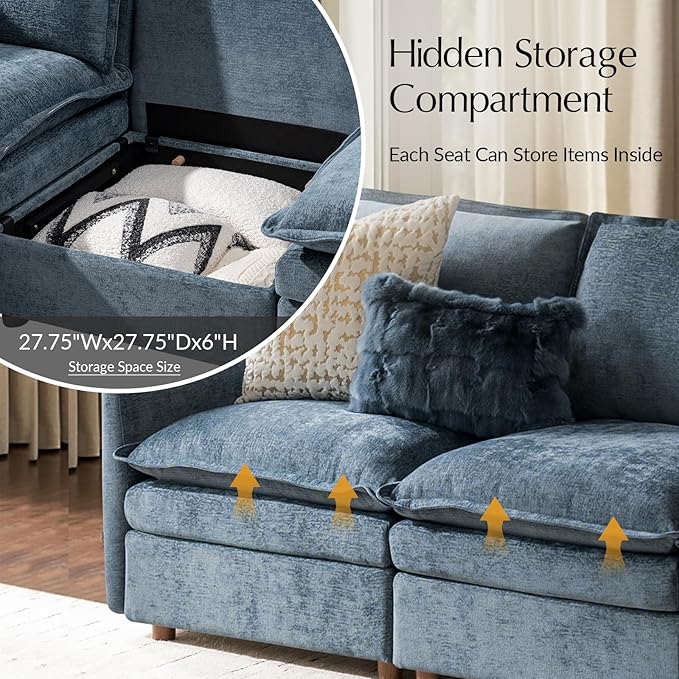 HULALA HOME 98'' Power Recliner Sofa with Dual-Layered Cushions, Oversized Modular Sectional Sofa with Storage Ottoman, Modern 3 Seater Cloud Couch for Living Room, Blue