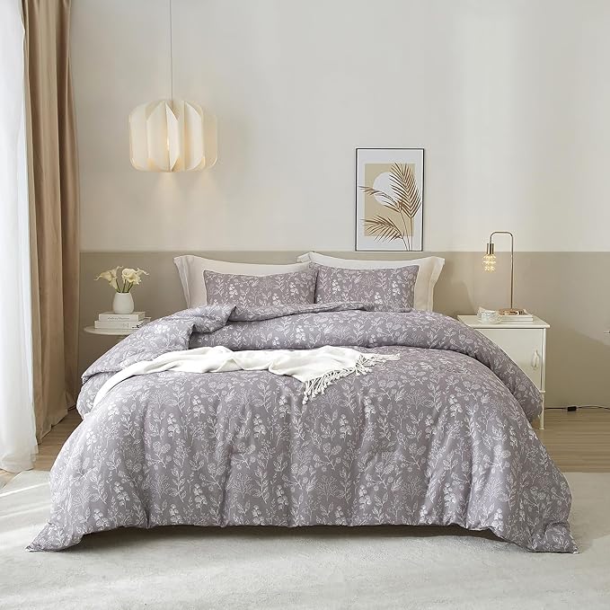 EAVD Botanical Floral Comforter Set Queen Grayish Purple Soft Microfiber Chic Cute Garden Floral Bedding Comforter Set 1 Queen Comforter and 2 Pillowcases Fresh Botanical Comforter for All-Season