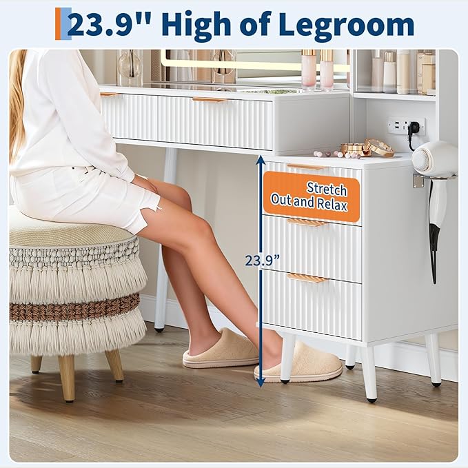 GarveeHome Fluted Makeup Vanity Desk with Lights, 48 in Big Vanity with Glass Top and Large 36" HD Lighted Mirror, Modern Dressing Table with 5 Drawers 3-Tier Shelves Set w/Charging Station (White)