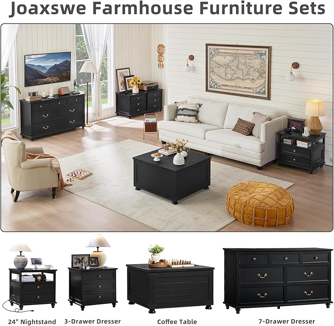 24" Wide Farmhouse Nightstand with Charging Station Set of 2,54" 7 Drawers Dresser, 37" Tall Rustic Chests of Drawers, Farmhouse Furniture Series for Bedroom,Black