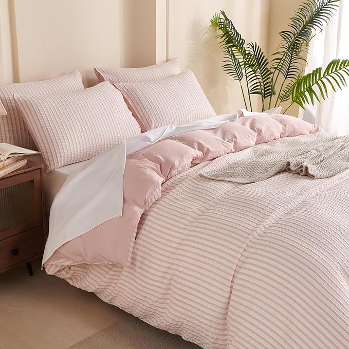 Pink Comforter King Size Set Striped 100% Soft Washed Microfiber Jacquard 3 Pieces Striped Bedding Sets Pink White Comforter for All Seasons and 2 Pillowcases Comfort Breathable