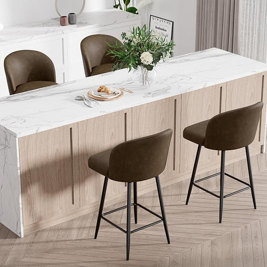 Counter Height Bar Stools Set of 4,360° Swivel Barstools with High Back and Metal Legs,26" Seat Height, Upholstered PU Leather Bar Chairs for Kitchen Island, Dining Room,Cafes,Dark Brown