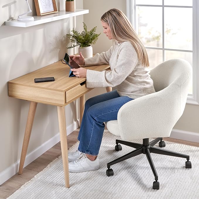 Bush Furniture Mid Century Modern Desk Chair for Home Office, Adjustable Seating with Wheels and Swivel Base, Fairfax Collection, Light Cream Fabric Upholstery