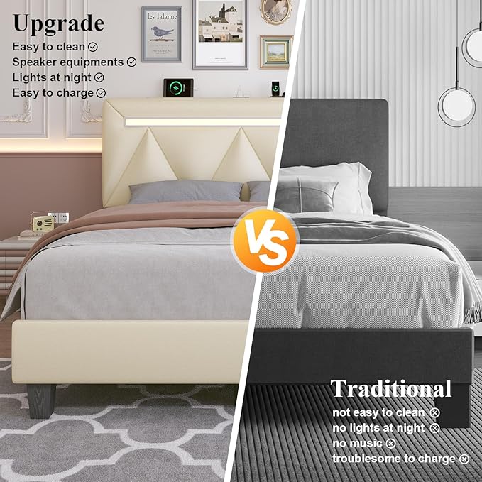 Queen Size Bed Frame with Bluetooth Speaker, LED Lights and Charging Station, Faux Leather Linen Fabric Adjustable Headboard,Modern Upholstered Bed, Wood Slat Support, Easy Assemble, Beige