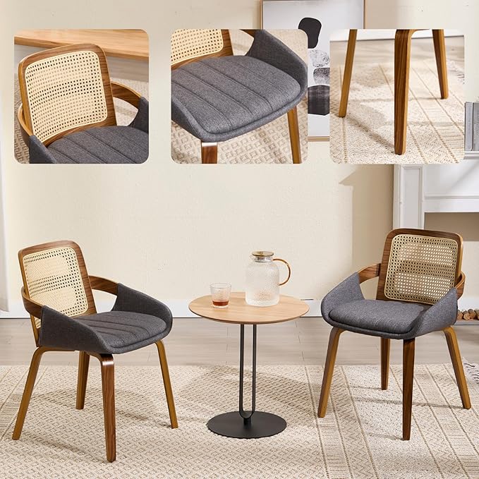 DUOMAY Modern Linen Dining Chairs Set of 4, Cane Back Room Chairs with Solid Wood Legs Kitchen Chairs for Living Room, Restaurant, Grey