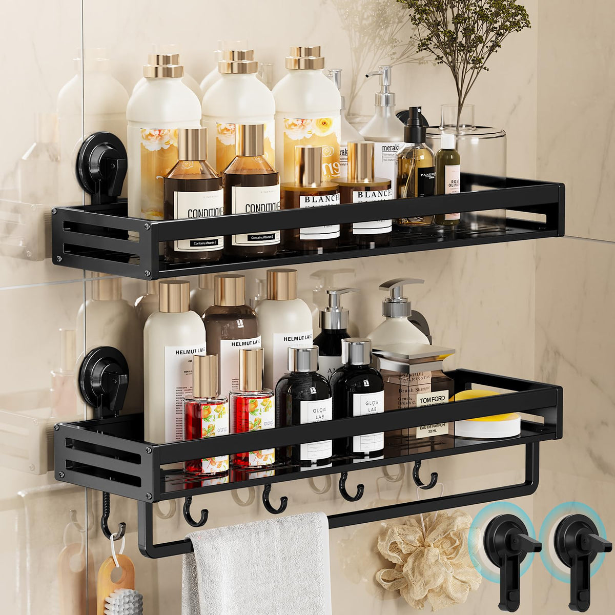 CIBOTIES Suction Cup Shower Caddy with 5 Hooks & Towel Rrack 15.7inch Black