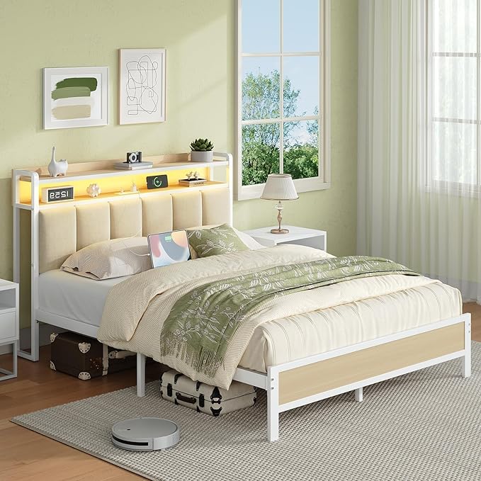 Full Size Bed Frame with Storage Headboard, Metal Platform Bed Frame Full with LED Lights and Charging Station, Heavy Duty Metal Slats, No Box Spring Needed, Easy Assembly, Beige