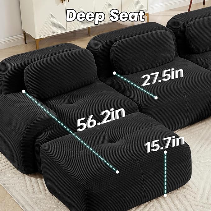 80" Modern Corduroy Boneless Love Seat Couches with 2 Ottomans, 2 Seater Large Sectional Couches for Living Room, Black Cloud Modular Sectional Sofa, Memory Foam, Extra Deep Loveseat, No Assembly