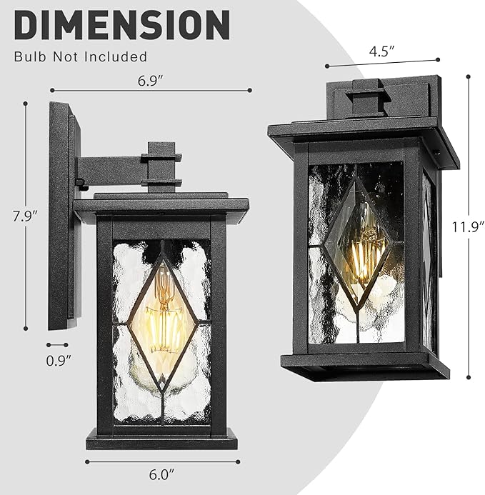 Emliviar Farmhouse Outdoor Porch Light, 1-Light Patio Wall Fixture With Water Grain Glass Shade, Black Finish, 1803EW1-SD BK