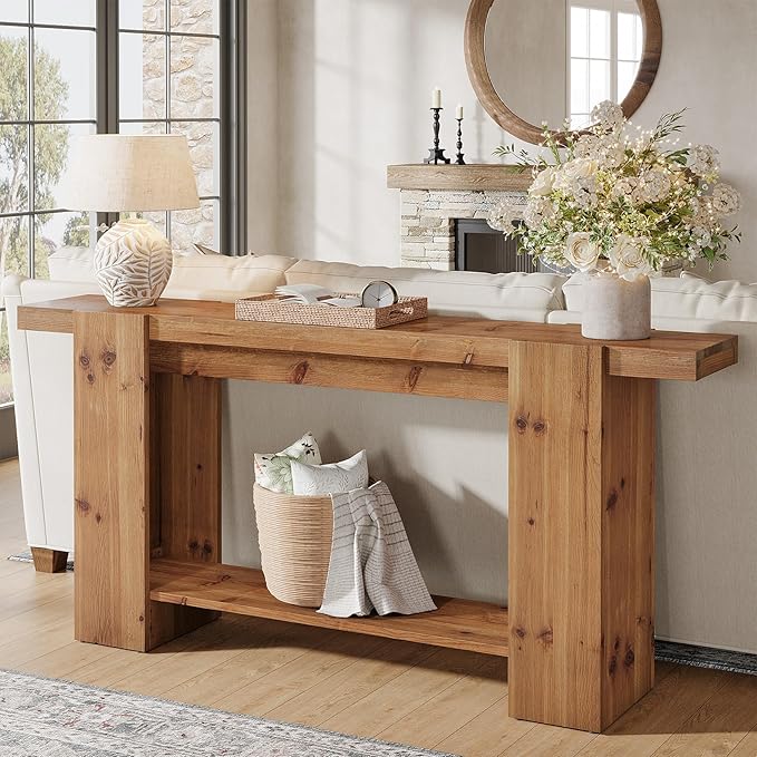 2-Tier Solid Wood Console Table, Farmhouse Entryway Table with Storage Shelves, 63-Inch Long Sofa Console for Living Room, Hallway, or Foyer(Brown)
