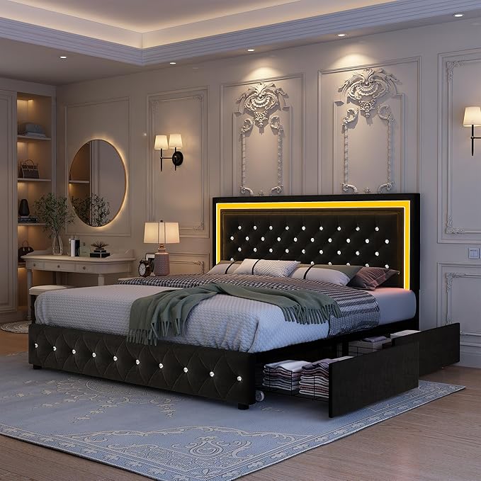 King Led Bed Frame with 4 Storage Drawers, Bed Frame with Led Lights No Box Spring Needed, 900 lbs Capacity, Easy Assembly, Velvet Black