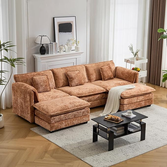 112" U Shaped Modular Sectional Sofa, 3 Seater Comfy Cloud Couch with Movable Ottoman, Deep Seat Couches for Living Room, Bedroom, Apartment (Orange)