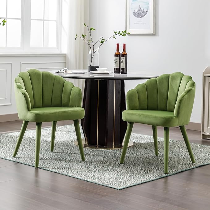 Velvet Dining Chairs Set of 4 Modern Living Room Chairs with Petal Back & Wood Legs Comfy Upholstered Side Chair for Dining Room/Bedroom/Vanity, Olive