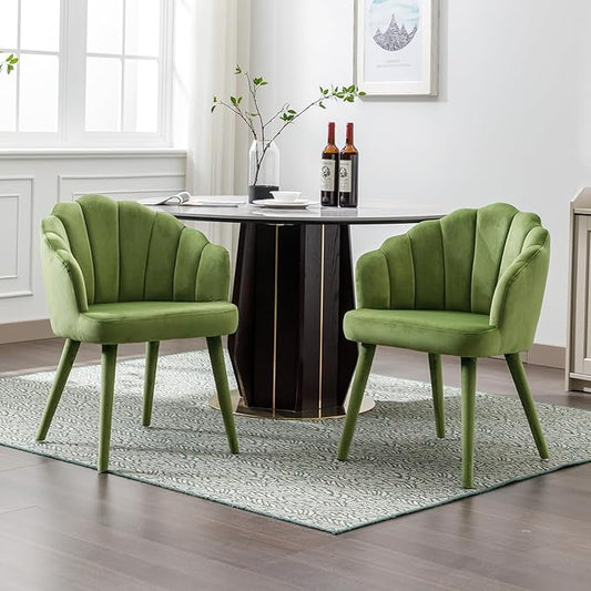 Velvet Dining Chairs Set of 2 Modern Living Room Chairs with Petal Back & Wood Legs Comfy Upholstered Side Chair for Dining Room/Bedroom/Vanity, Olive