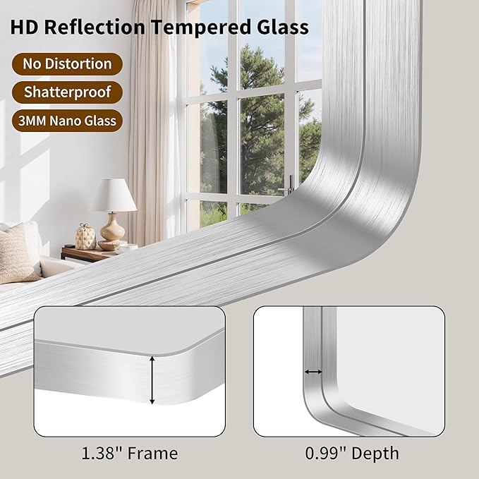 FORBATH 72x36 Inch Oversized Bathroom Mirror for Double Sinks, Brushed Silver Deep Frame Full Length Wall Mirror with Rounded Corners, Anti-Rust Tempered Glass (Horizontal/Vertical)