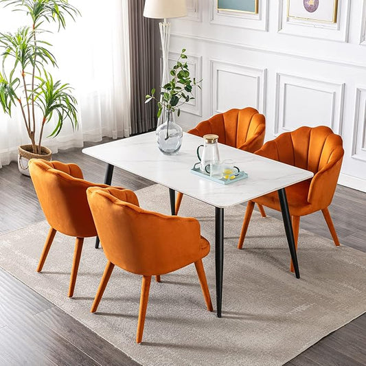 Velvet Dining Chairs Set of 4 Modern Living Room Chairs with Petal Back & Wood Legs Comfy Upholstered Side Chair for Dining Room/Bedroom/Vanity, Orange