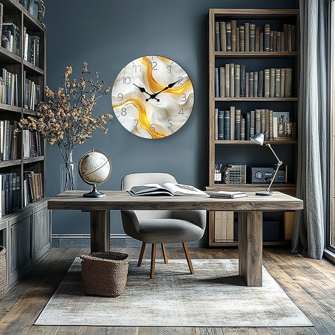 Modern Marble Texture Wooden Wall Clock for Living Room Decor 14 Inch Round Wall Clock Non - Ticking for Office, Home (Battery Operated)